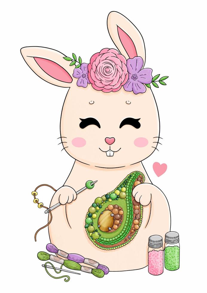 conejo con bordado, broche de aguacate, vector de flores