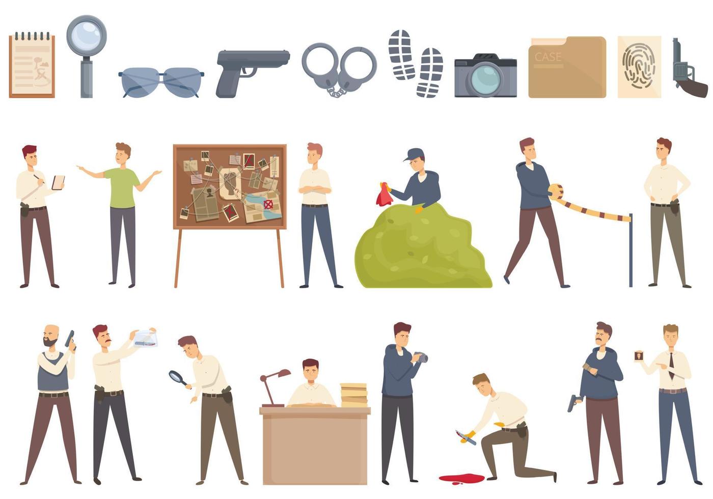 Solving the crime icons set cartoon vector. Board detective vector