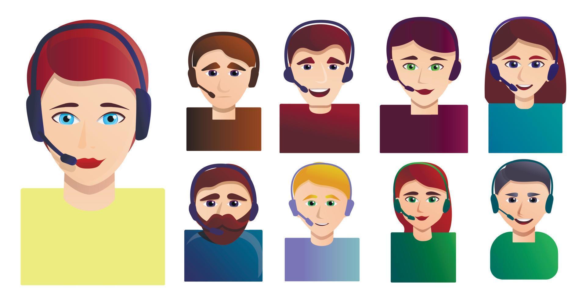 Call center employees icons set, cartoon style vector