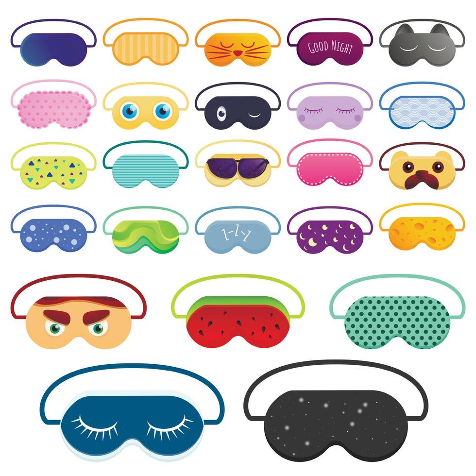 Sleeping mask icons set, cartoon style vector