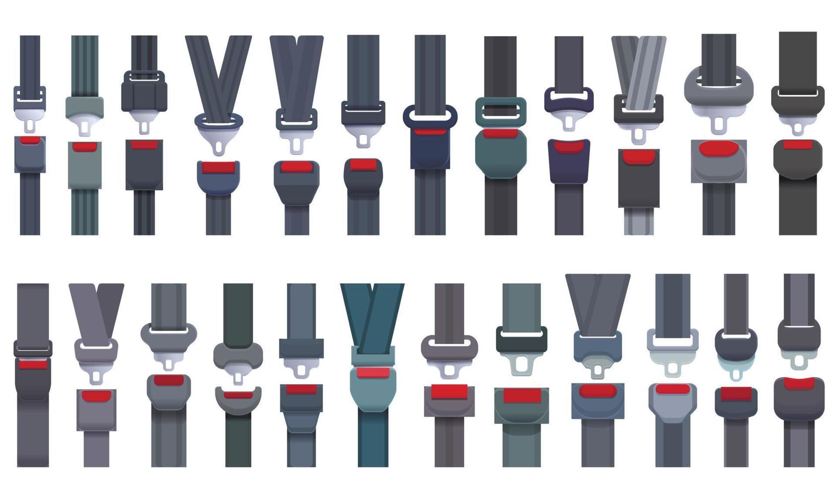 los iconos de los cinturones de seguridad establecen un vector de dibujos animados. unidad de seguridad