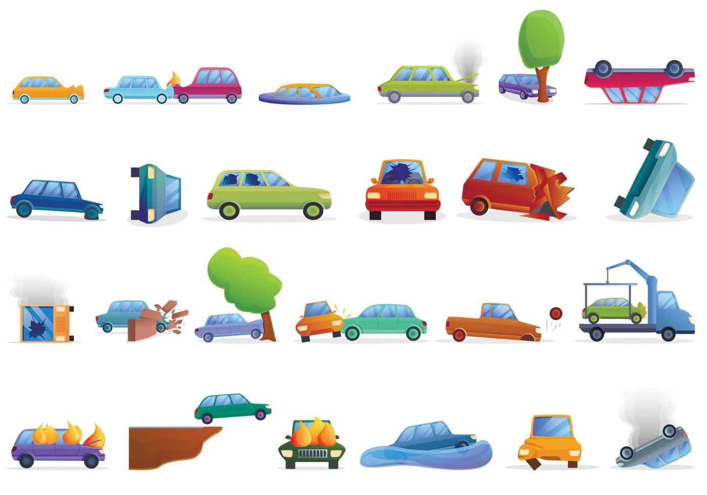 Car accident icons set, cartoon style vector