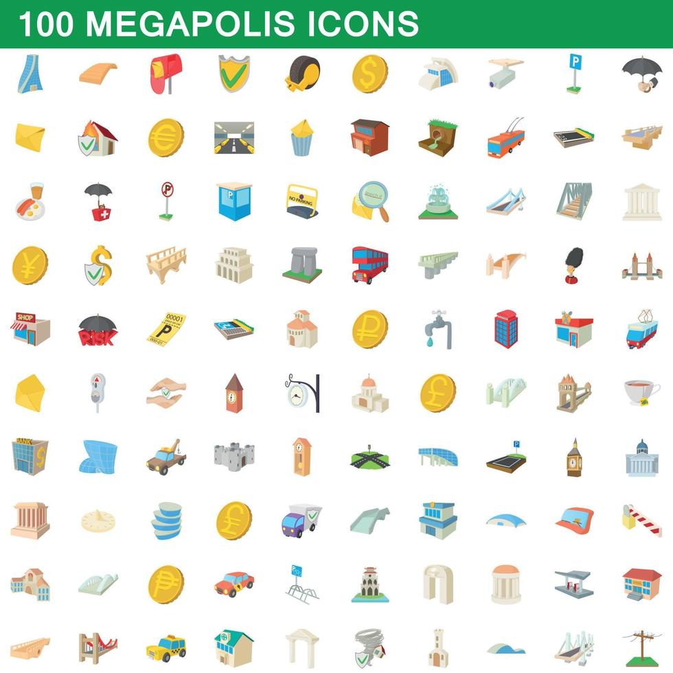 100 megapolis icons set, cartoon style vector