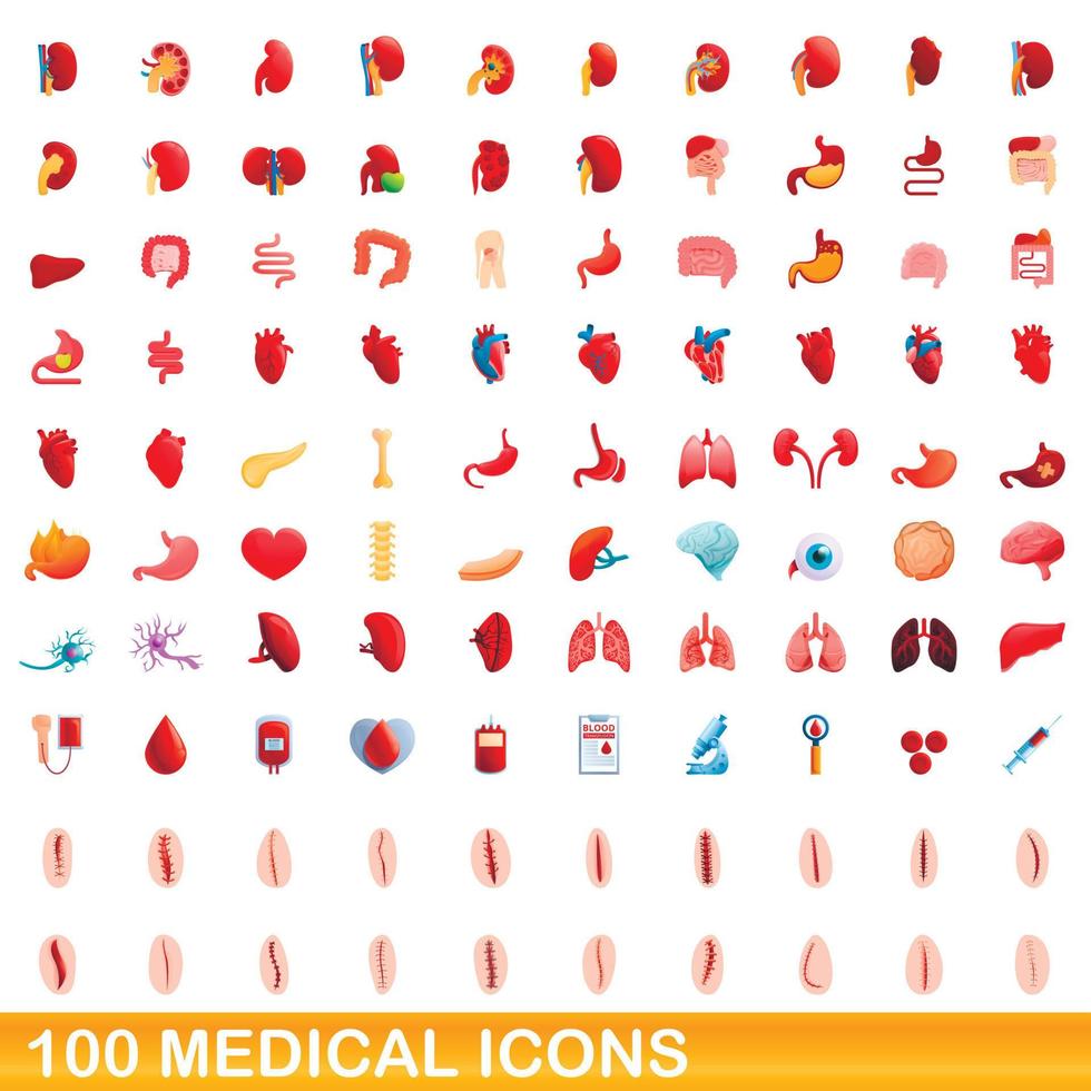 100 iconos médicos, estilo de dibujos animados vector