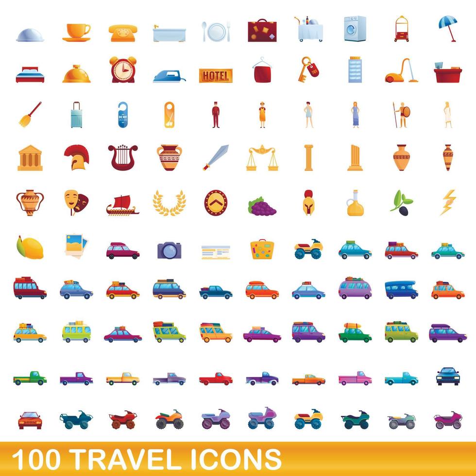 100 travel icons set, cartoon style vector
