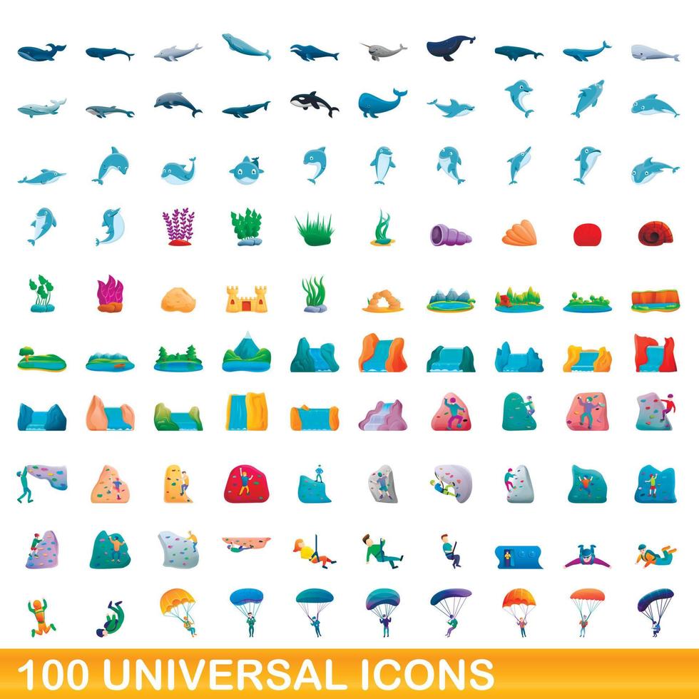 100 universal icons set, cartoon style vector