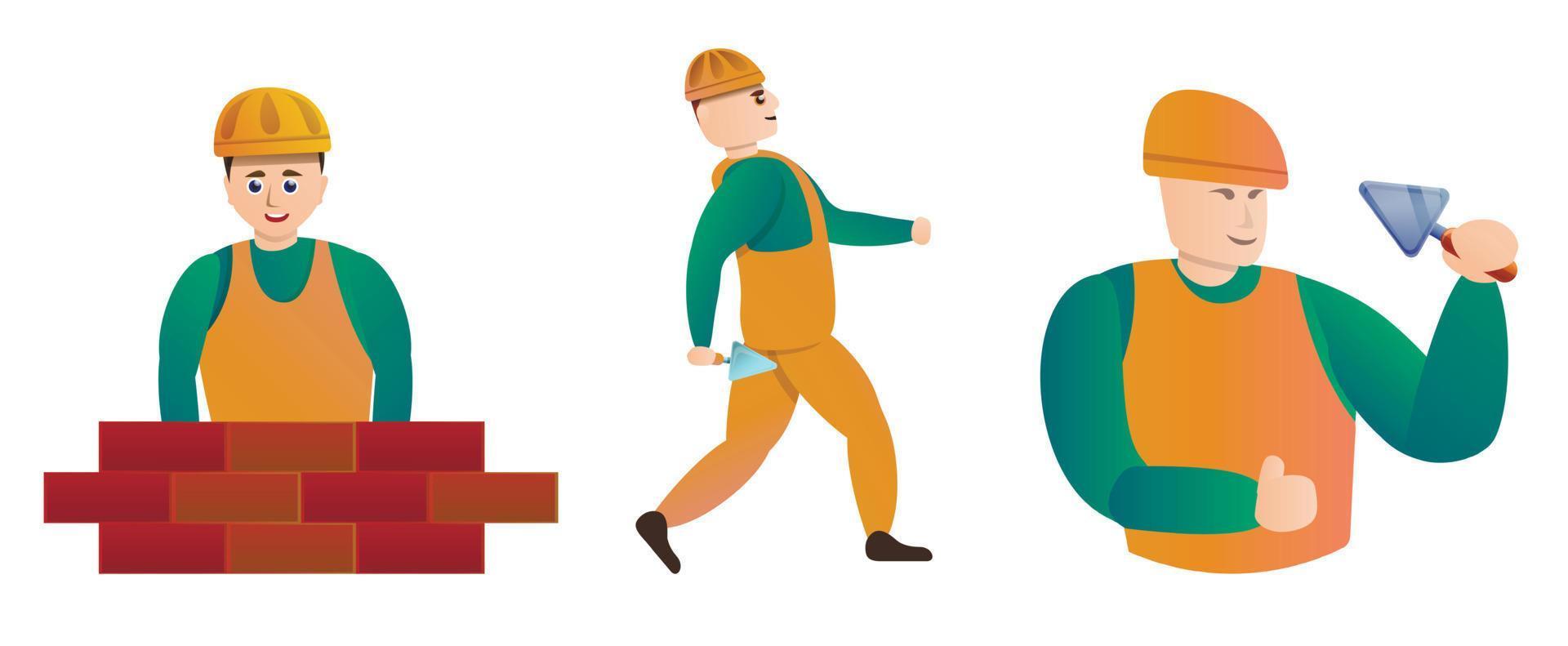 Masonry worker icons set, cartoon style vector