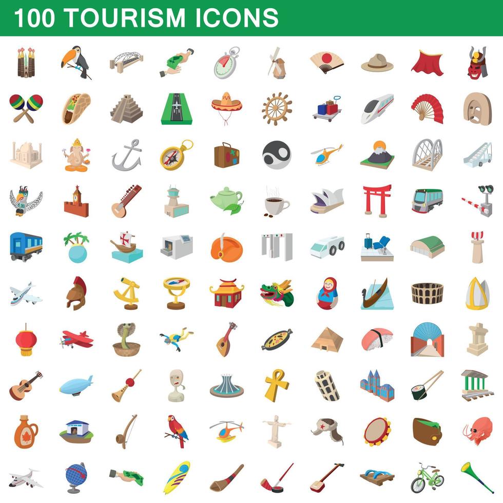 100 conjunto de turismo, estilo de dibujos animados vector