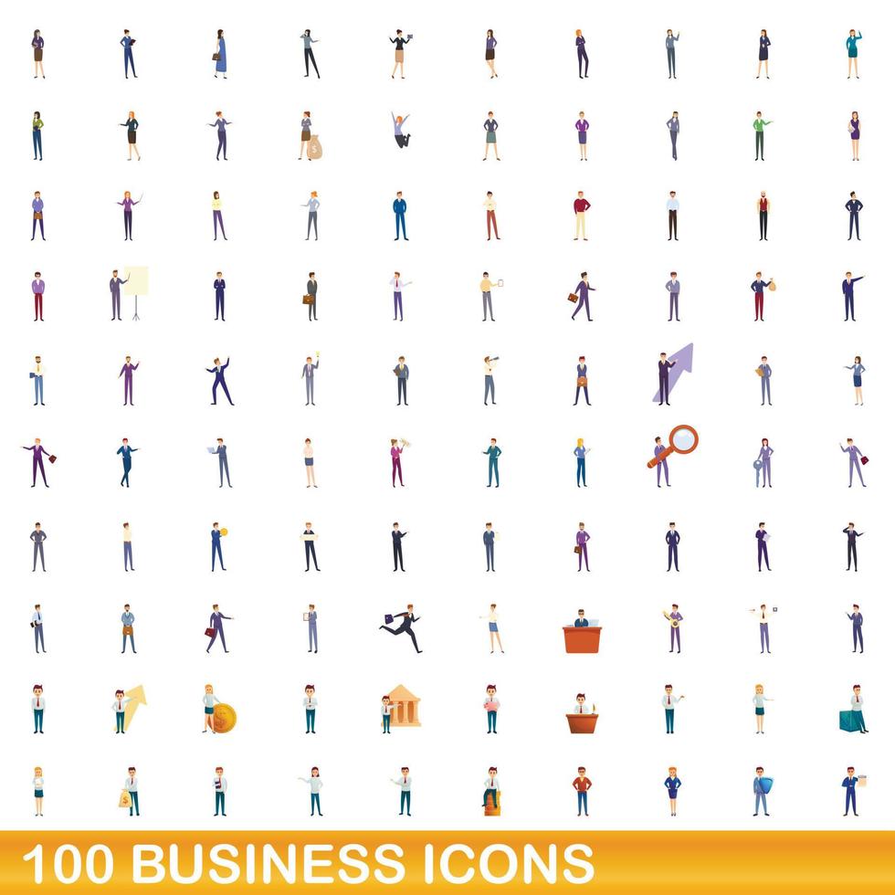 100 business icons set, cartoon style vector