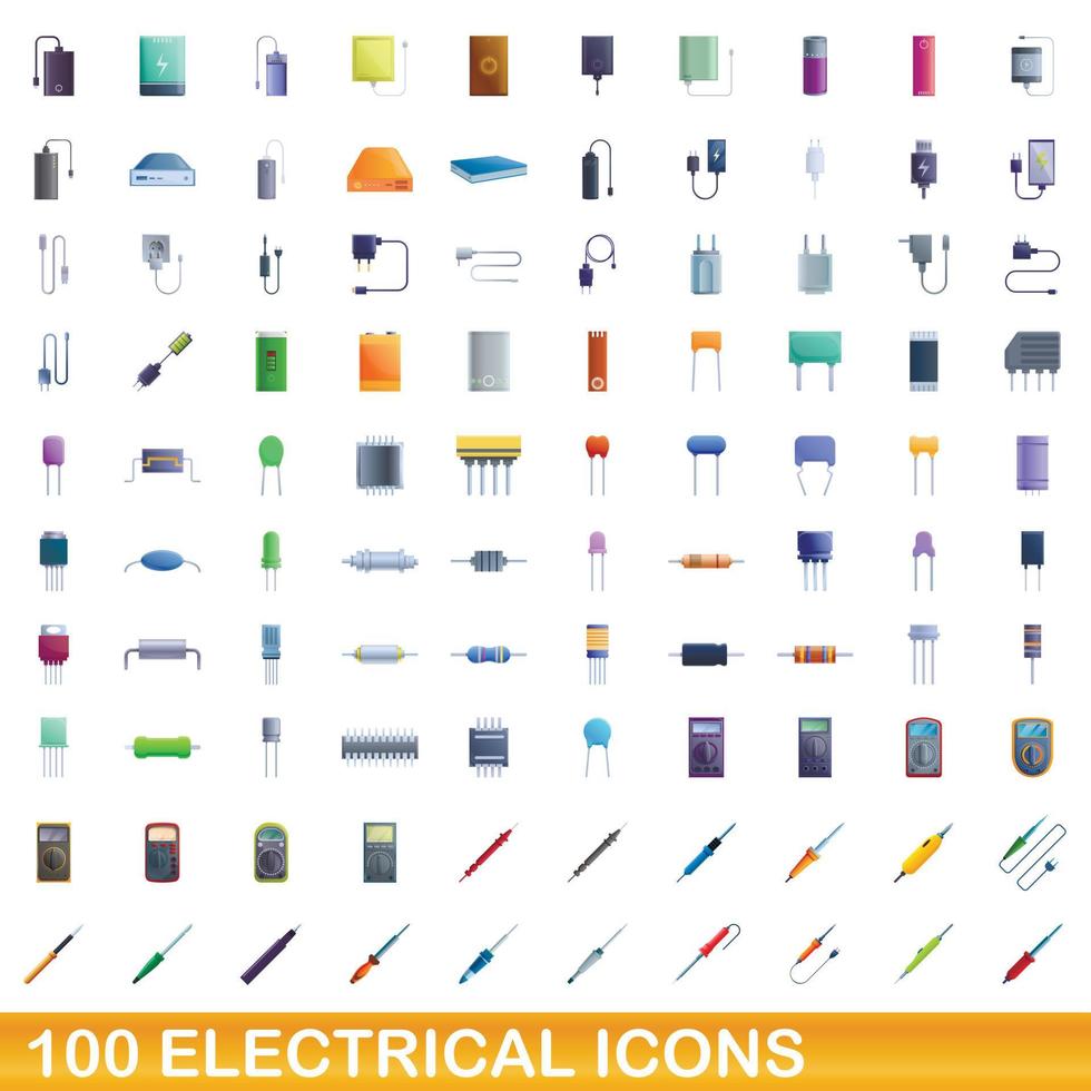 100 iconos eléctricos, estilo de dibujos animados vector
