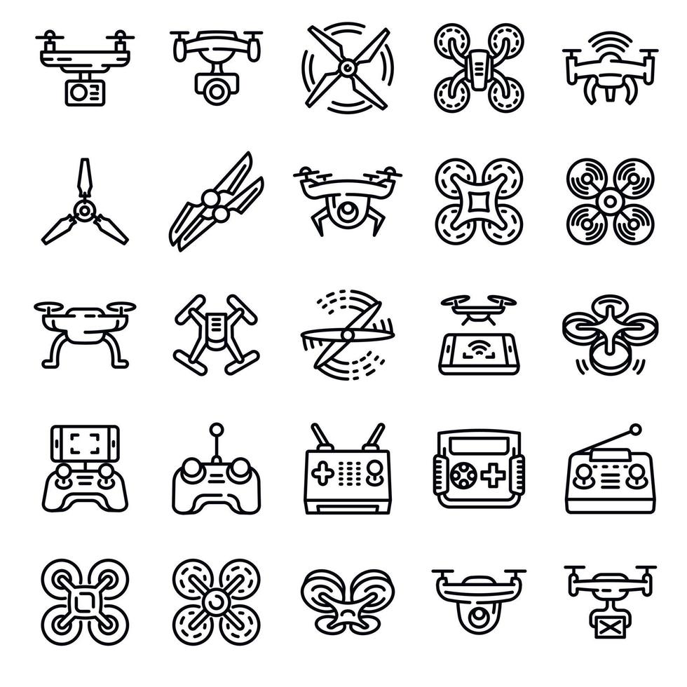 Drone icons set, outline style vector