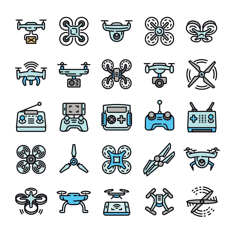 Drone icons set, outline style vector