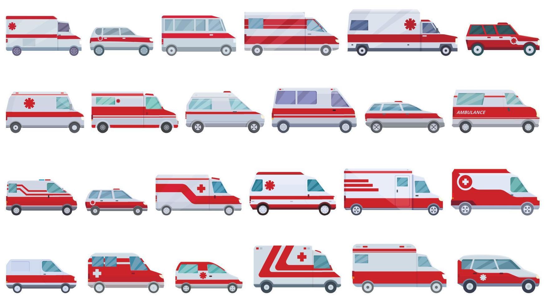 los iconos de los vehículos de emergencia establecen el vector de dibujos animados. transporte en ambulancia