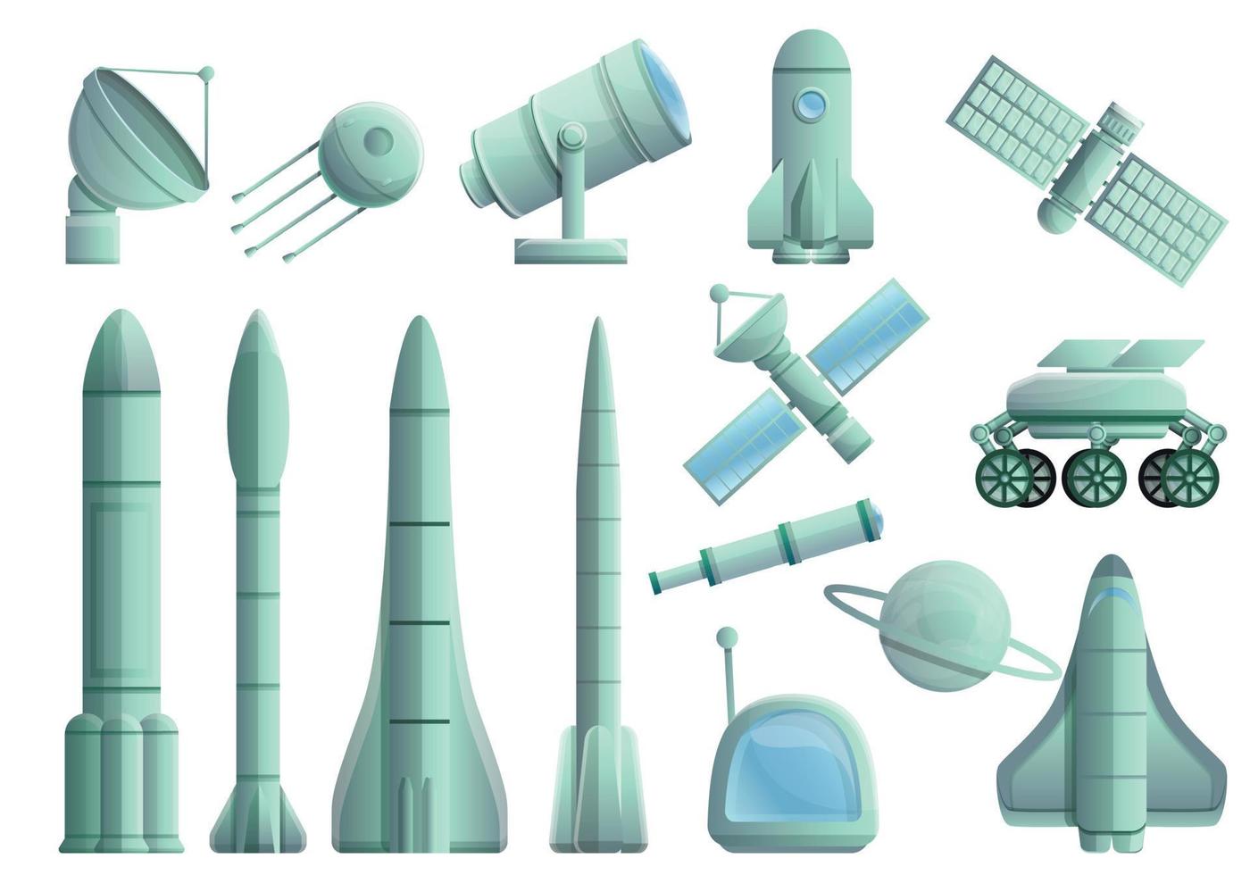 Space research technology icons set, cartoon style vector