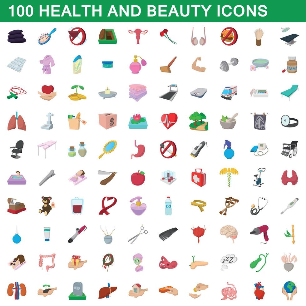 100 iconos de salud y belleza, estilo de dibujos animados vector