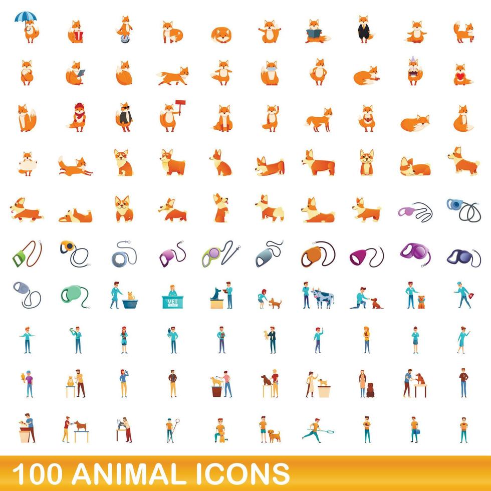 100 animal icons set, cartoon style vector