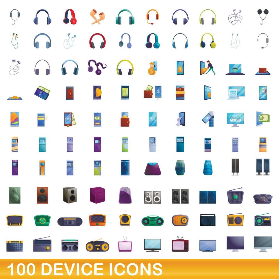 100 device icons set, cartoon style vector