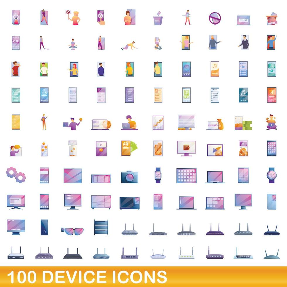 100 device icons set, cartoon style vector