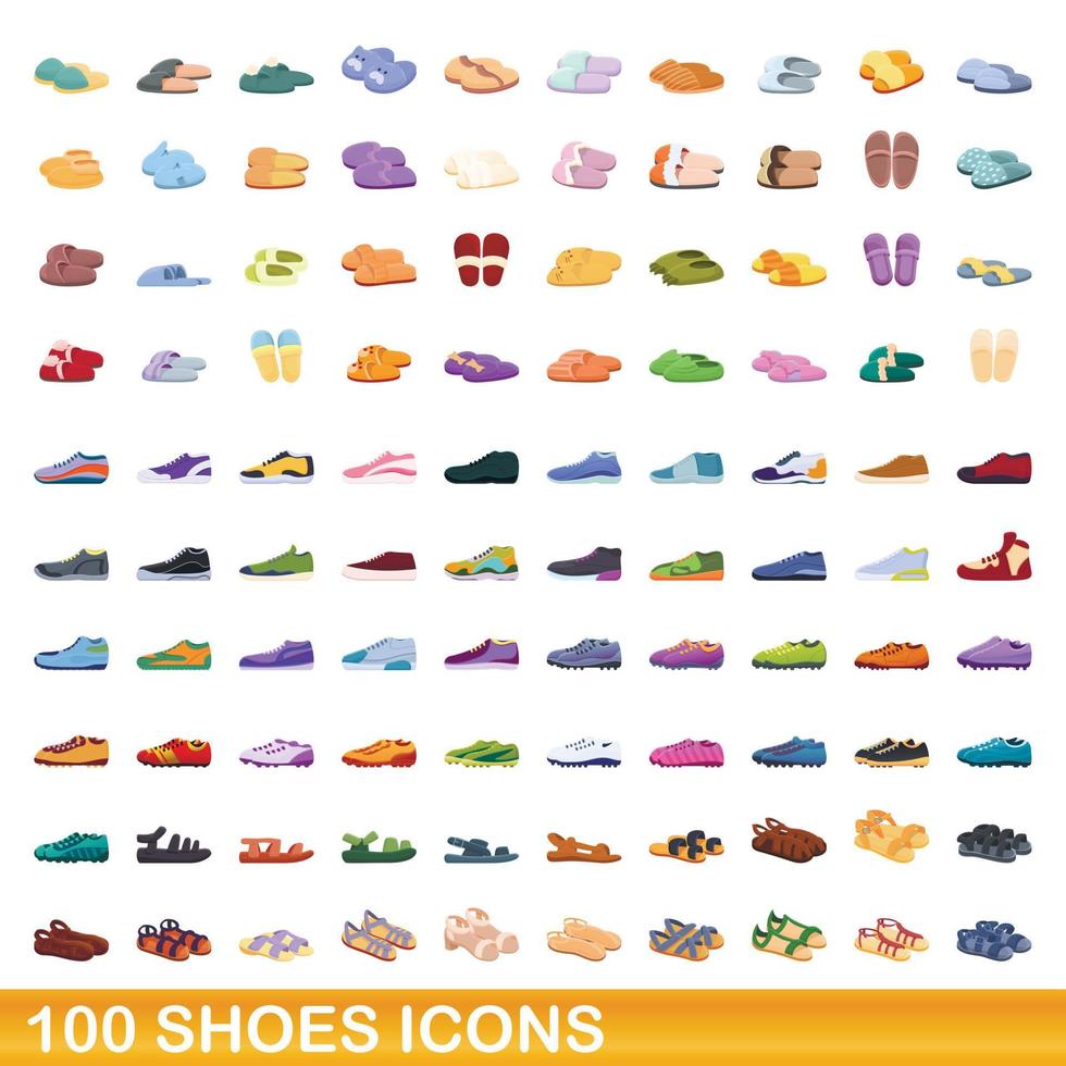 100 zapatos, conjunto de iconos de estilo de dibujos animados vector