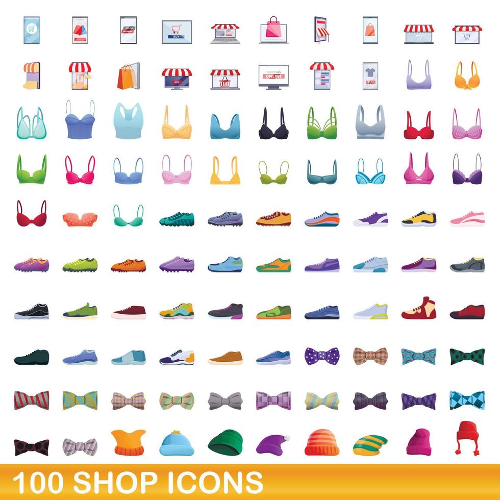 100 tienda, conjunto de iconos de estilo de dibujos animados vector