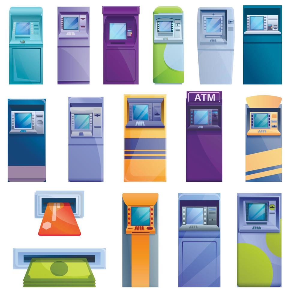Atm machine icons set, cartoon style vector