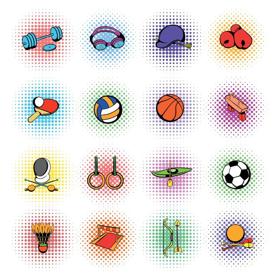 Sports equipment icons set, comics style vector