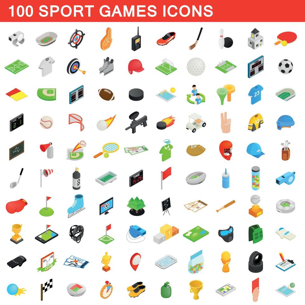 100 sport games icons set, isometric 3d style vector