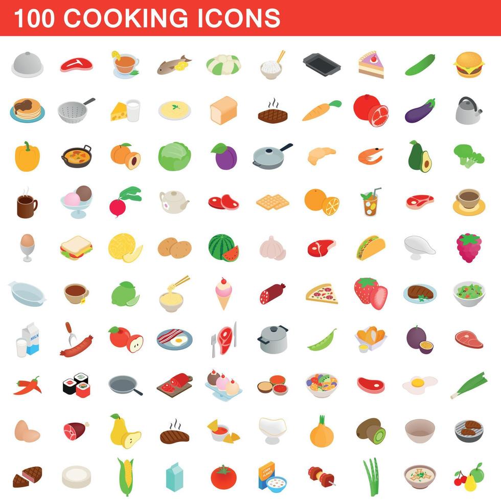 100 cooking icons set, isometric 3d style vector