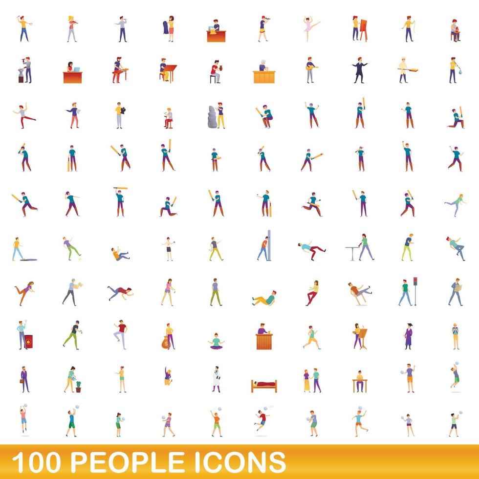 100 people icons set, cartoon style vector