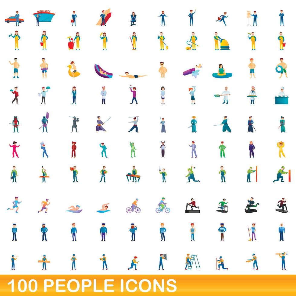 100 people icons set, cartoon style vector