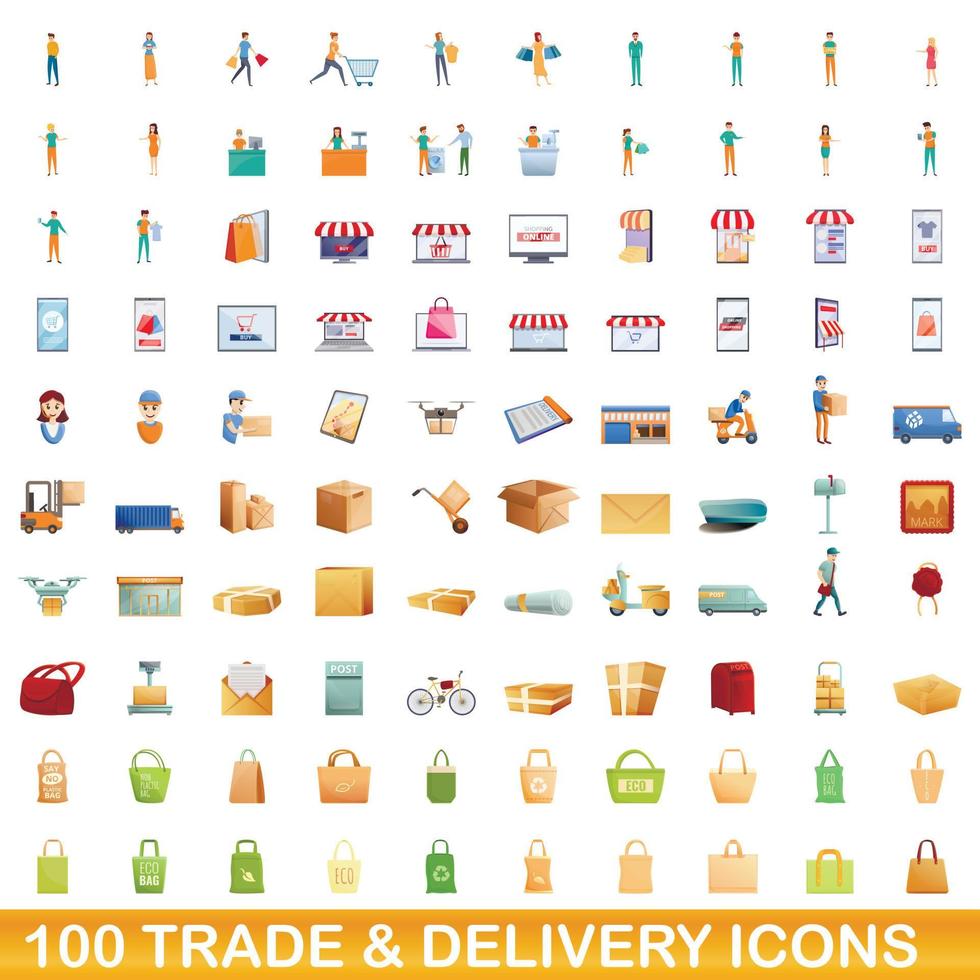 100 trade and delivery icons set, cartoon style vector