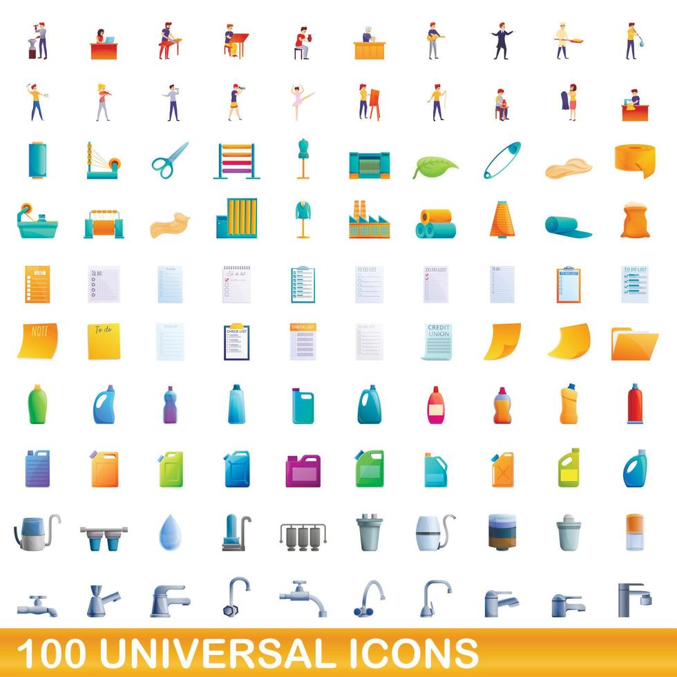 100 universal icons set, cartoon style vector