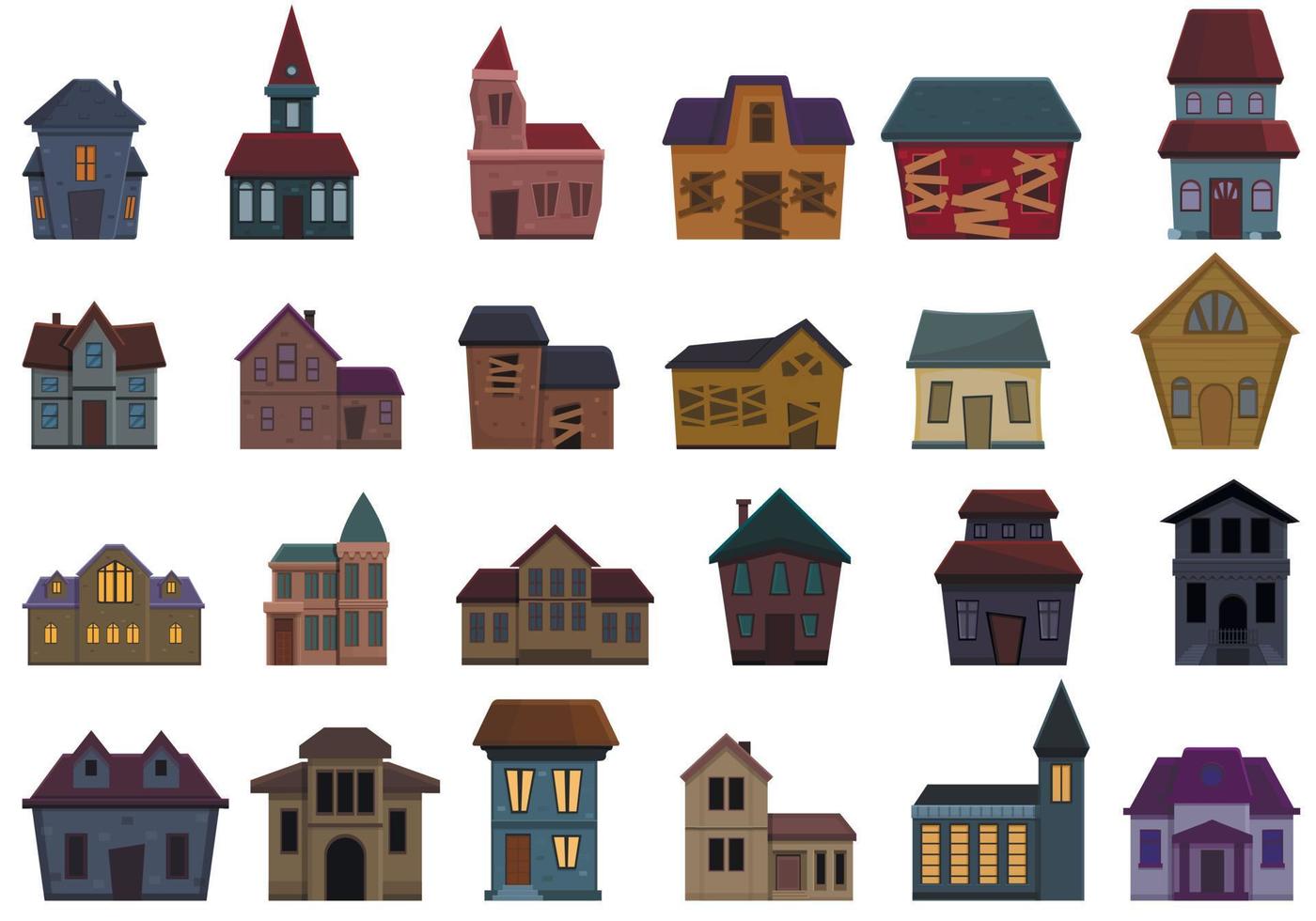 Creepy house icons set, cartoon style vector