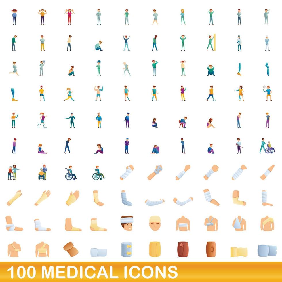 100 iconos médicos, estilo de dibujos animados vector