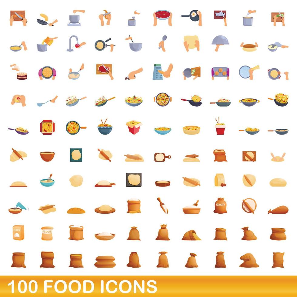 100 iconos de alimentos, estilo de dibujos animados vector