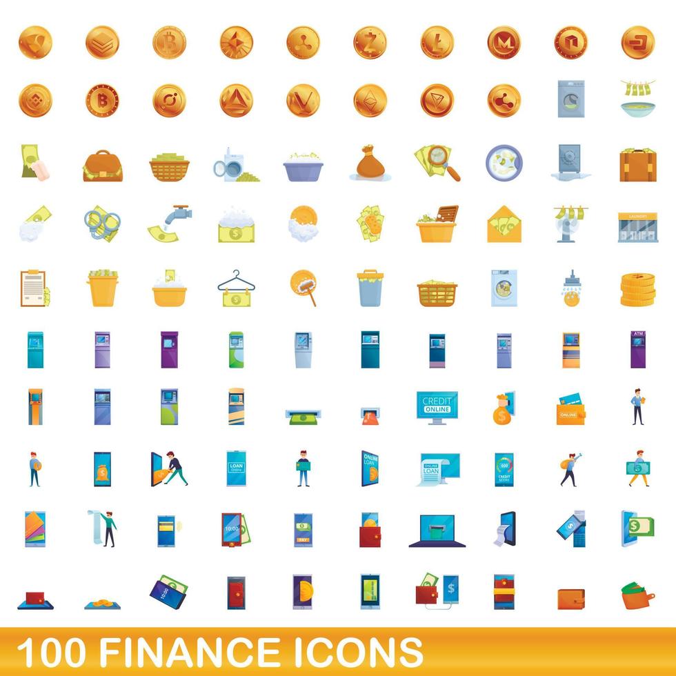 100 finance icons set, cartoon style vector