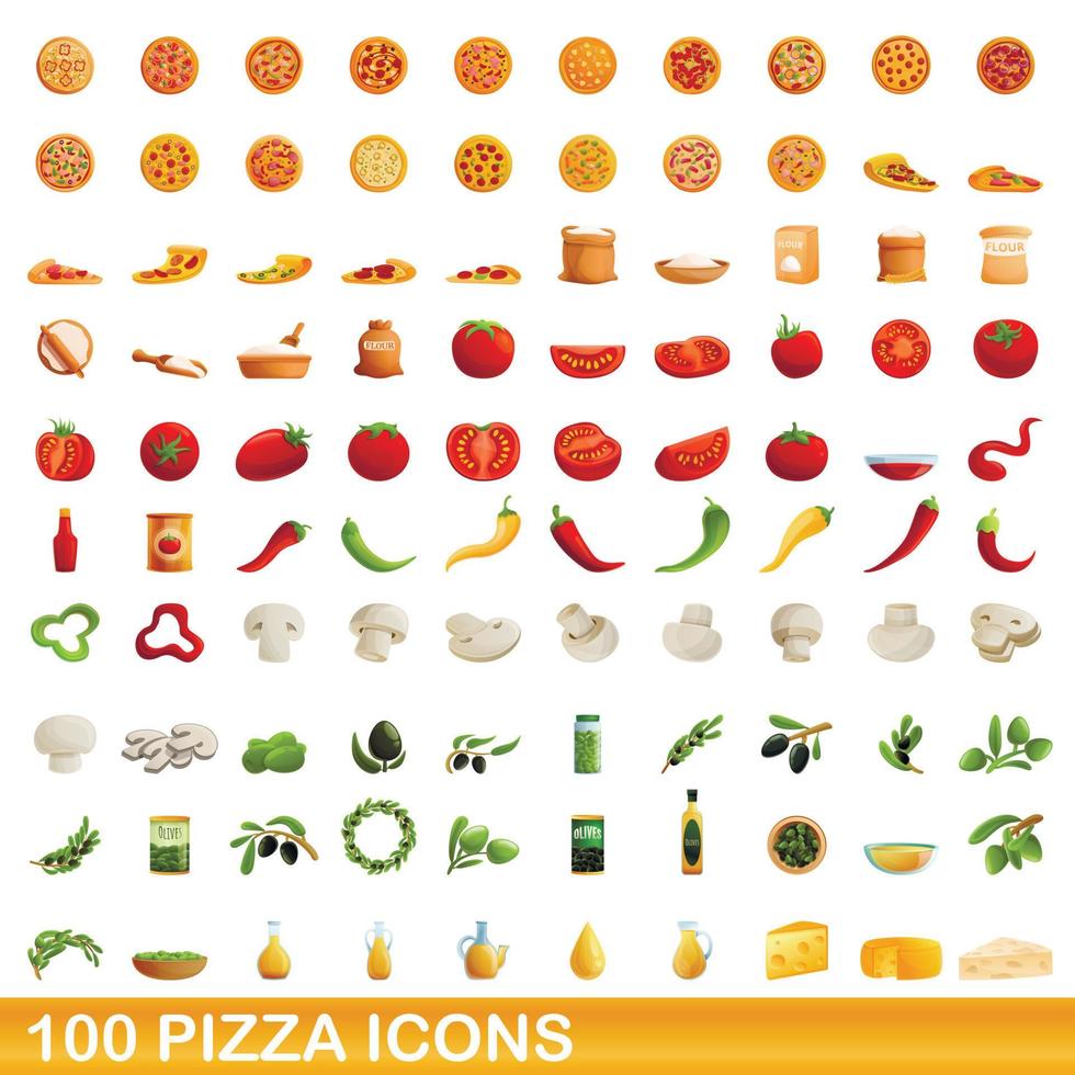 100 iconos de pizza, estilo de dibujos animados vector