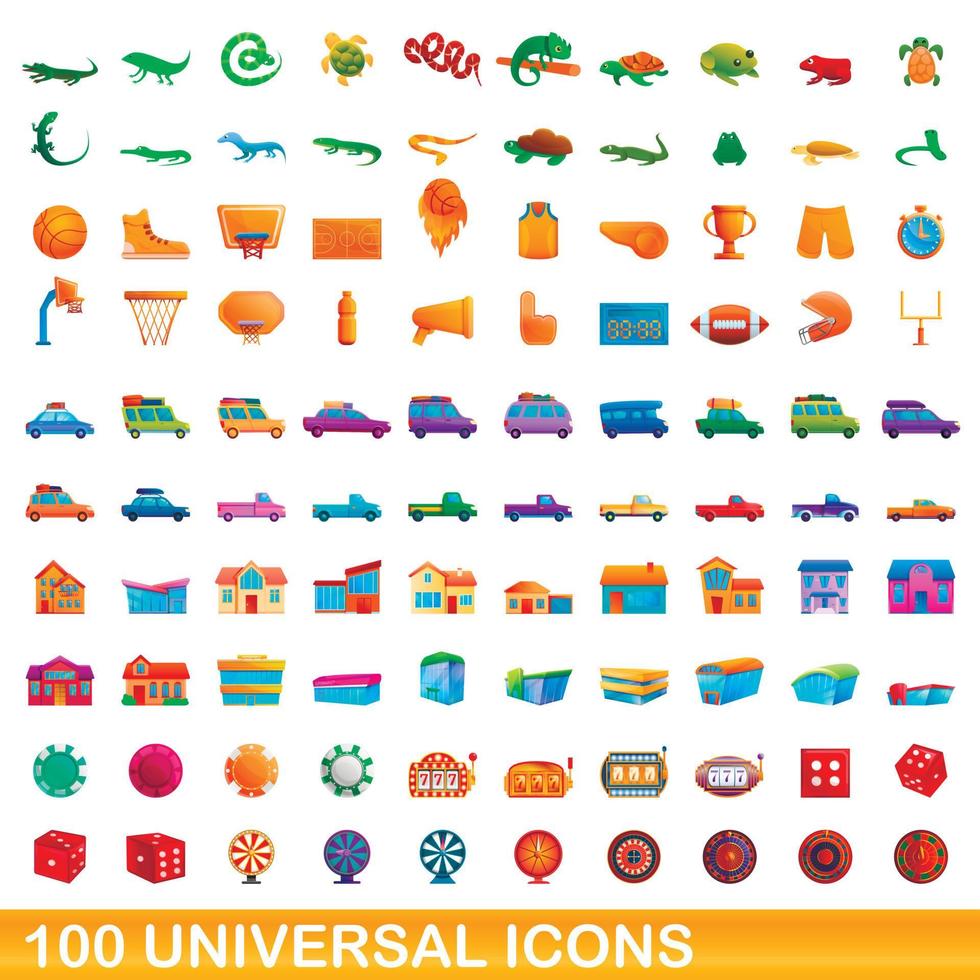 100 iconos universales, estilo de dibujos animados vector