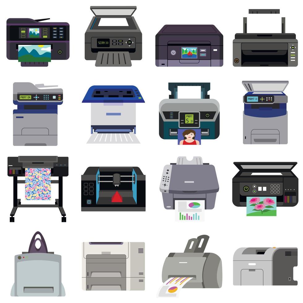 Printer icons set, flat style vector