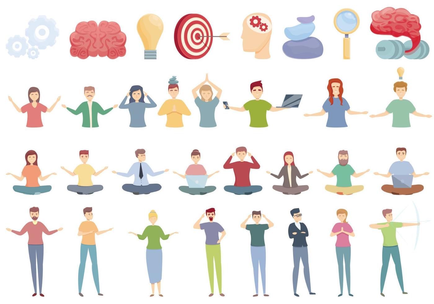 iconos de concentración establecer vector de dibujos animados. yoga meditar