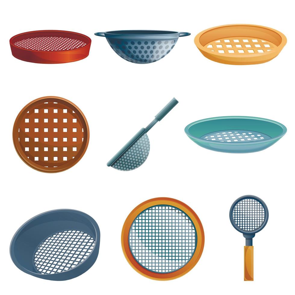 Sieve icons set, cartoon style vector