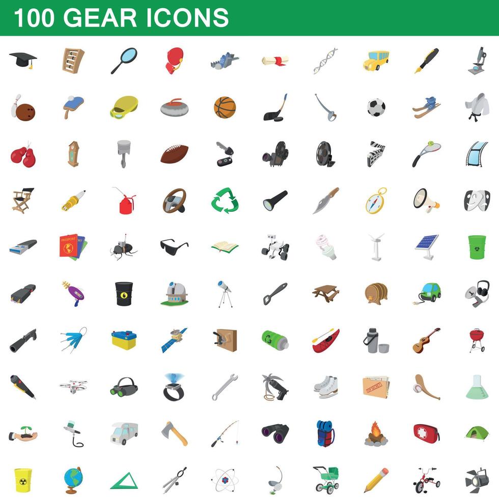 100 iconos de engranajes, estilo de dibujos animados vector