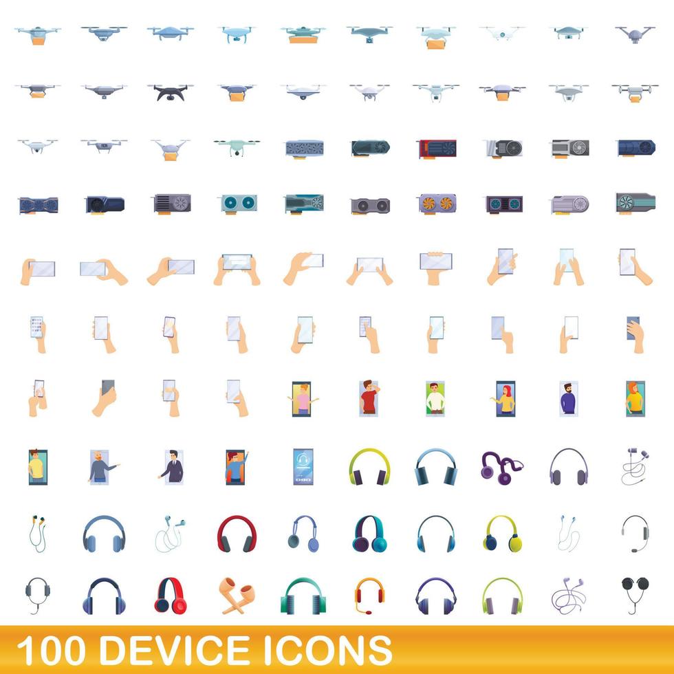 100 device icons set, cartoon style vector