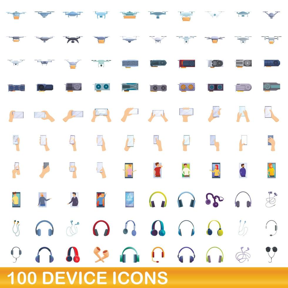 100 device icons set, cartoon style vector