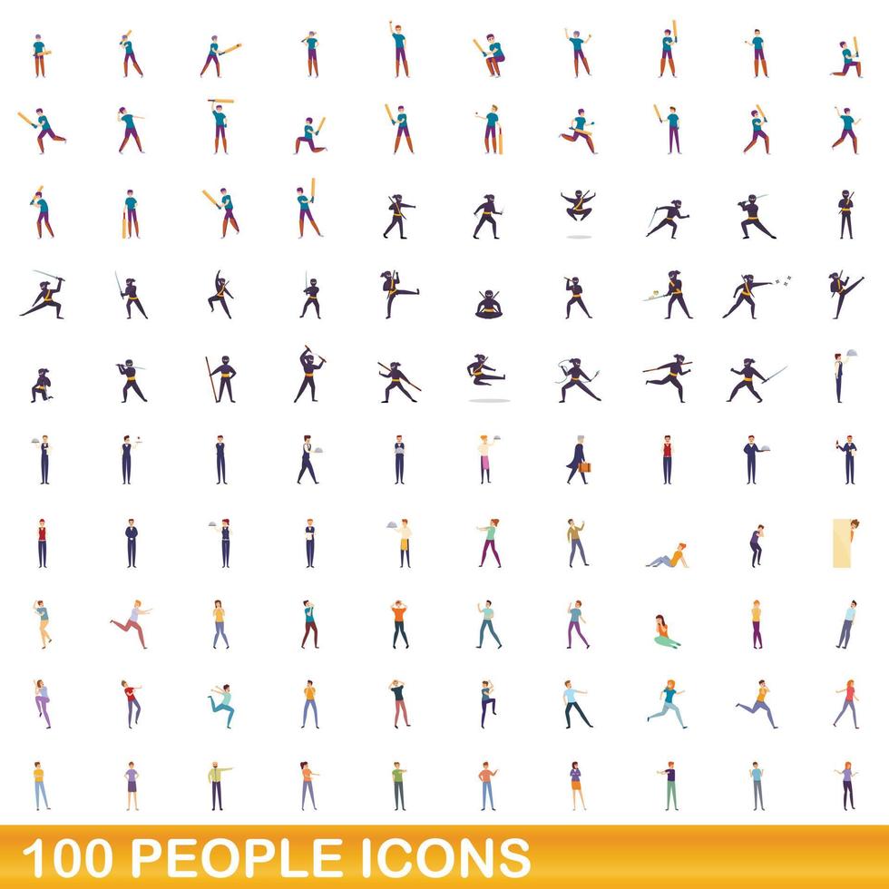 100 people icons set, cartoon style vector