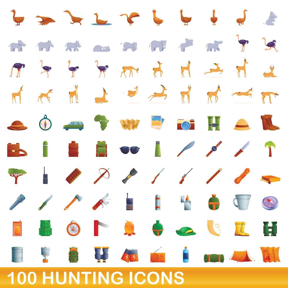 100 iconos de caza, estilo de dibujos animados vector