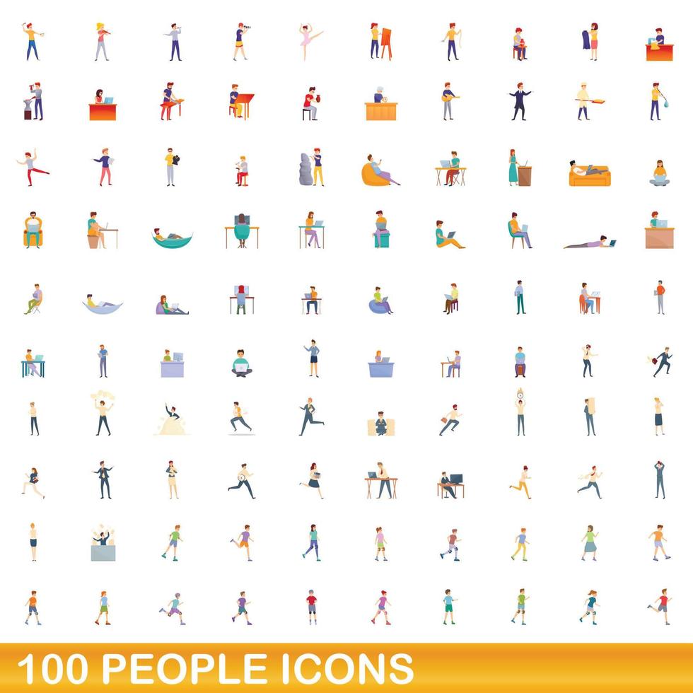 100 people icons set, cartoon style vector