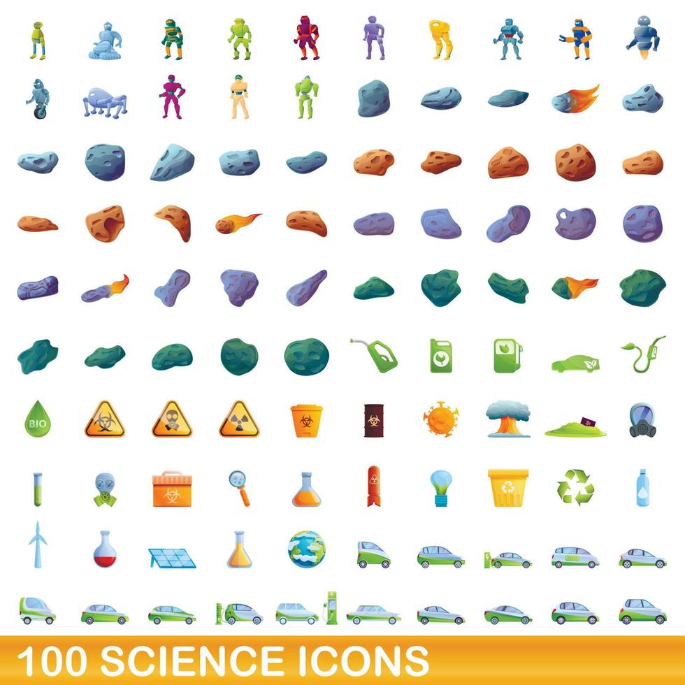 100 ciencia, conjunto de iconos de estilo de dibujos animados vector