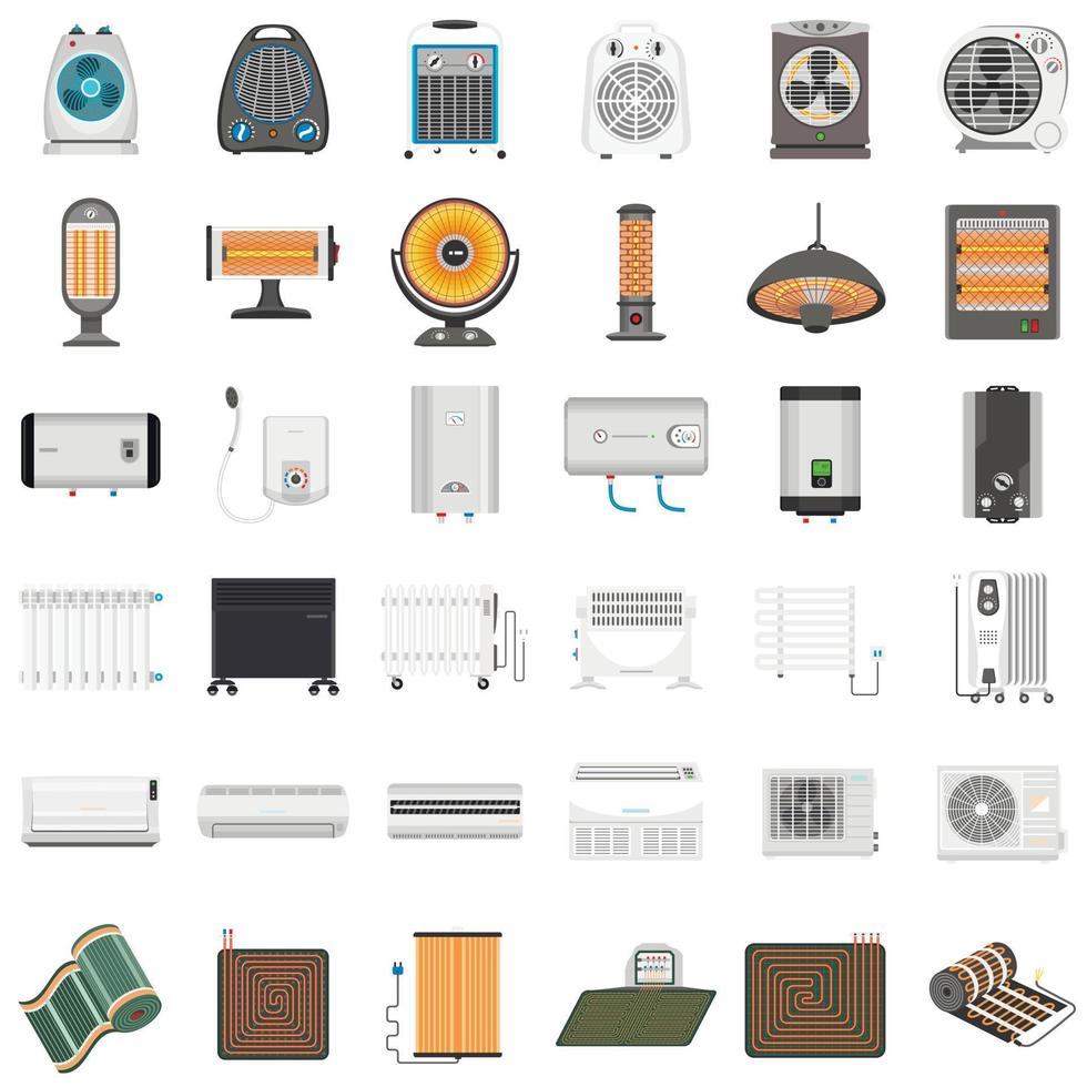 Electric heater icon set, flat style vector