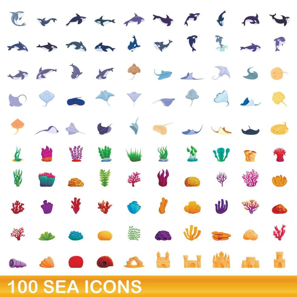 100 mar, conjunto de iconos de estilo de dibujos animados vector